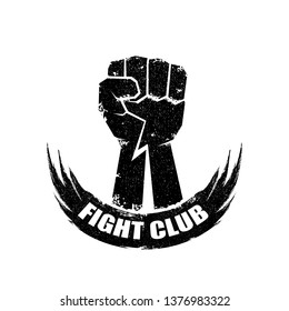 fight club vector logo with grunge black man fist isolated on white background. MMA Mixed martial arts concept design template. Fighting club label for print on tee