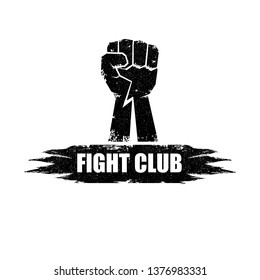 fight club vector logo with grunge black man fist isolated on white background. MMA Mixed martial arts concept design template. Fighting club label for print on tee