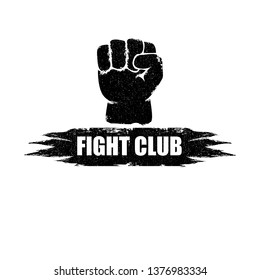 fight club vector logo with grunge black man fist isolated on white background. MMA Mixed martial arts concept design template. Fighting club label for print on tee