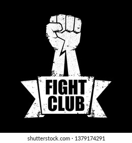 fight club vector logo with grunge white man fist isolated on black background. MMA Mixed martial arts concept design template. Fighting club label for print on tee 