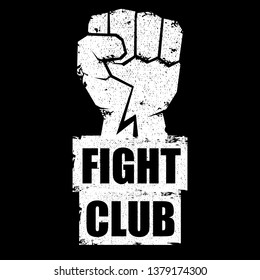 fight club vector logo with grunge white man fist isolated on black background. MMA Mixed martial arts concept design template. Fighting club label for print on tee 