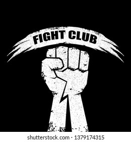 fight club vector logo with grunge white man fist isolated on black background. MMA Mixed martial arts concept design template. Fighting club label for print on tee 