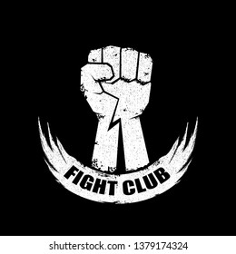 fight club vector logo with grunge white man fist isolated on black background. MMA Mixed martial arts concept design template. Fighting club label for print on tee 