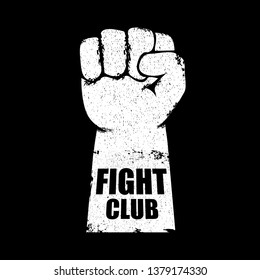 fight club vector logo with grunge white man fist isolated on black background. MMA Mixed martial arts concept design template. Fighting club label for print on tee 