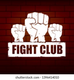 fight club vector logo with grunge white man fist isolated on brick wall background. MMA Mixed martial arts concept design template. Fighting club label for print on tee