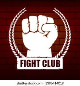 fight club vector logo with grunge white man fist isolated on brick wall background. MMA Mixed martial arts concept design template. Fighting club label for print on tee