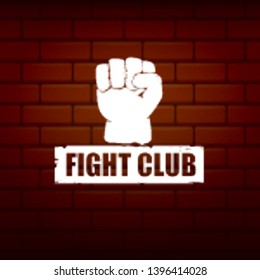 fight club vector logo with grunge white man fist isolated on brick wall background. MMA Mixed martial arts concept design template. Fighting club label for print on tee