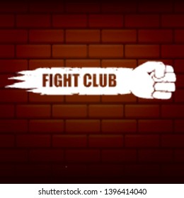 fight club vector logo with grunge white man fist isolated on brick wall background. MMA Mixed martial arts concept design template. Fighting club label for print on tee