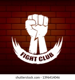 fight club vector logo with grunge white man fist isolated on brick wall background. MMA Mixed martial arts concept design template. Fighting club label for print on tee