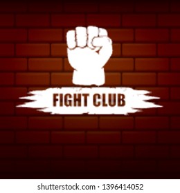 fight club vector logo with grunge white man fist isolated on brick wall background. MMA Mixed martial arts concept design template. Fighting club label for print on tee