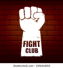 fight club vector logo with grunge white man fist isolated on brick wall background. MMA Mixed martial arts concept design template. Fighting club label for print on tee