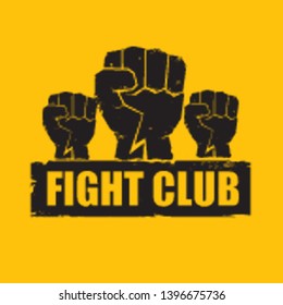 fight club vector logo with grunge white man fist isolated on orange background. MMA Mixed martial arts concept design template. Fighting club label for print on tee 