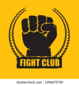 fight club vector logo with grunge white man fist isolated on orange background. MMA Mixed martial arts concept design template. Fighting club label for print on tee 