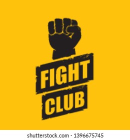 fight club vector logo with grunge white man fist isolated on orange background. MMA Mixed martial arts concept design template. Fighting club label for print on tee 