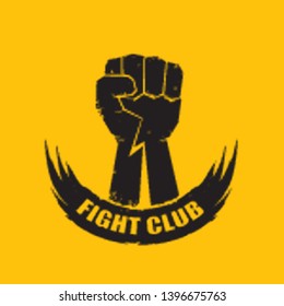 fight club vector logo with grunge white man fist isolated on orange background. MMA Mixed martial arts concept design template. Fighting club label for print on tee 