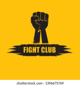 fight club vector logo with grunge white man fist isolated on orange background. MMA Mixed martial arts concept design template. Fighting club label for print on tee 