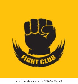 fight club vector logo with grunge white man fist isolated on orange background. MMA Mixed martial arts concept design template. Fighting club label for print on tee 