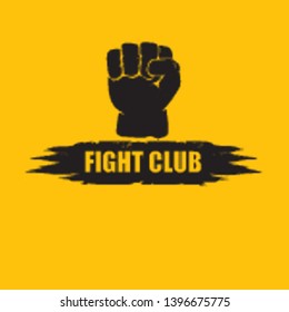 fight club vector logo with grunge white man fist isolated on orange background. MMA Mixed martial arts concept design template. Fighting club label for print on tee 