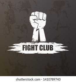 fight club vector logo with grunge white man fist isolated on grunge grey wall background. MMA Mixed martial arts concept design template. Fighting club label for print on tee 