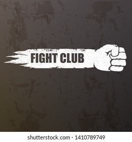 fight club vector logo with grunge white man fist isolated on grunge grey wall background. MMA Mixed martial arts concept design template. Fighting club label for print on tee 