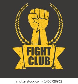 fight club vector logo with grunge orange man fist isolated on grunge grey wall background. MMA Mixed martial arts concept design template. Fighting club label for print on tee 