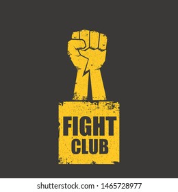 fight club vector logo with grunge orange man fist isolated on grunge grey wall background. MMA Mixed martial arts concept design template. Fighting club label for print on tee 