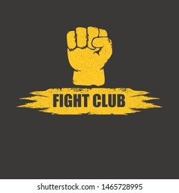 fight club vector logo with grunge orange man fist isolated on grunge grey wall background. MMA Mixed martial arts concept design template. Fighting club label for print on tee 