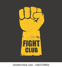 fight club vector logo with grunge orange man fist isolated on grunge grey wall background. MMA Mixed martial arts concept design template. Fighting club label for print on tee 