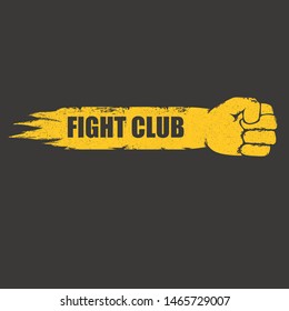 fight club vector logo with grunge orange man fist isolated on grunge grey wall background. MMA Mixed martial arts concept design template. Fighting club label for print on tee 