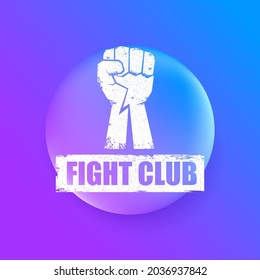 fight club vector logo with grunge white man fist isolated on purple abstract background. MMA Mixed martial arts concept design template. Fighting club label for print on tee