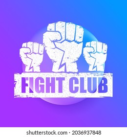 fight club vector logo with grunge white man fist isolated on purple abstract background. MMA Mixed martial arts concept design template. Fighting club label for print on tee