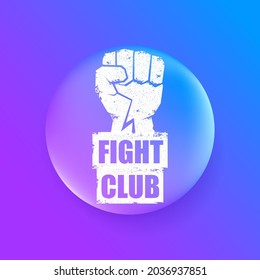 fight club vector logo with grunge white man fist isolated on purple abstract background. MMA Mixed martial arts concept design template. Fighting club label for print on tee