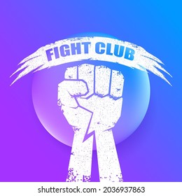 fight club vector logo with grunge white man fist isolated on purple abstract background. MMA Mixed martial arts concept design template. Fighting club label for print on tee