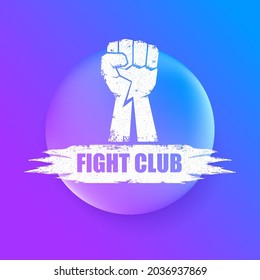 fight club vector logo with grunge white man fist isolated on purple abstract background. MMA Mixed martial arts concept design template. Fighting club label for print on tee