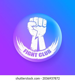 fight club vector logo with grunge white man fist isolated on purple abstract background. MMA Mixed martial arts concept design template. Fighting club label for print on tee