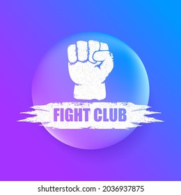 fight club vector logo with grunge white man fist isolated on purple abstract background. MMA Mixed martial arts concept design template. Fighting club label for print on tee