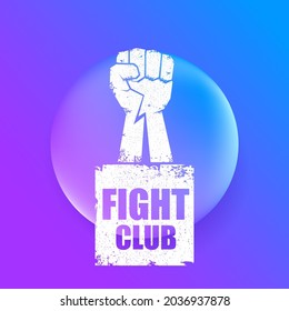 fight club vector logo with grunge white man fist isolated on purple abstract background. MMA Mixed martial arts concept design template. Fighting club label for print on tee