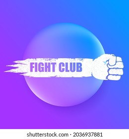 fight club vector logo with grunge white man fist isolated on purple abstract background. MMA Mixed martial arts concept design template. Fighting club label for print on tee