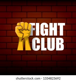 fight club vector logo with orange man fist on brick wall background. MMA Mixed martial arts concept design template