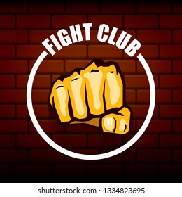 fight club vector logo with orange man fist on brick wall background. MMA Mixed martial arts concept design template