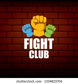 fight club vector logo with orange man fist on brick wall background. MMA Mixed martial arts concept design template