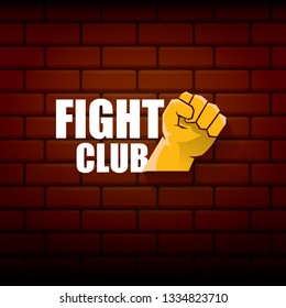 fight club vector logo with orange man fist on brick wall background. MMA Mixed martial arts concept design template