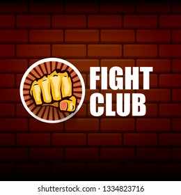 fight club vector logo with orange man fist on brick wall background. MMA Mixed martial arts concept design template