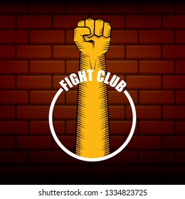 fight club vector logo with orange man fist on brick wall background. MMA Mixed martial arts concept design template