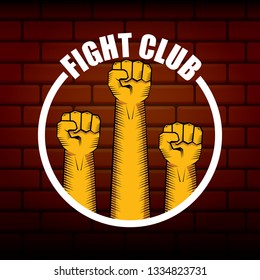 fight club vector logo with orange man fist on brick wall background. MMA Mixed martial arts concept design template