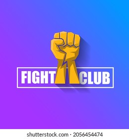 fight club vector logo with orange man fist isolated on violet background. MMA Mixed martial arts concept design template