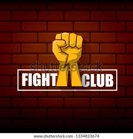 fight club vector logo with orange man fist on brick wall background. MMA Mixed martial arts concept design template