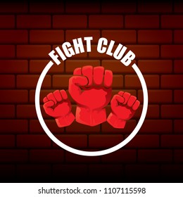 fight club vector logo with red man fist isolated on brick wall background. MMA Mixed martial arts concept design template