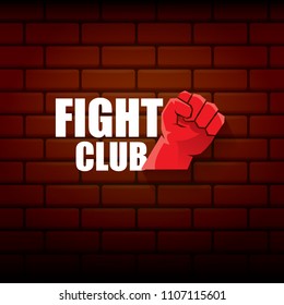 fight club vector logo with red man fist isolated on brick wall background. MMA Mixed martial arts concept design template