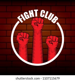 fight club vector logo with red man fist isolated on brick wall background. MMA Mixed martial arts concept design template